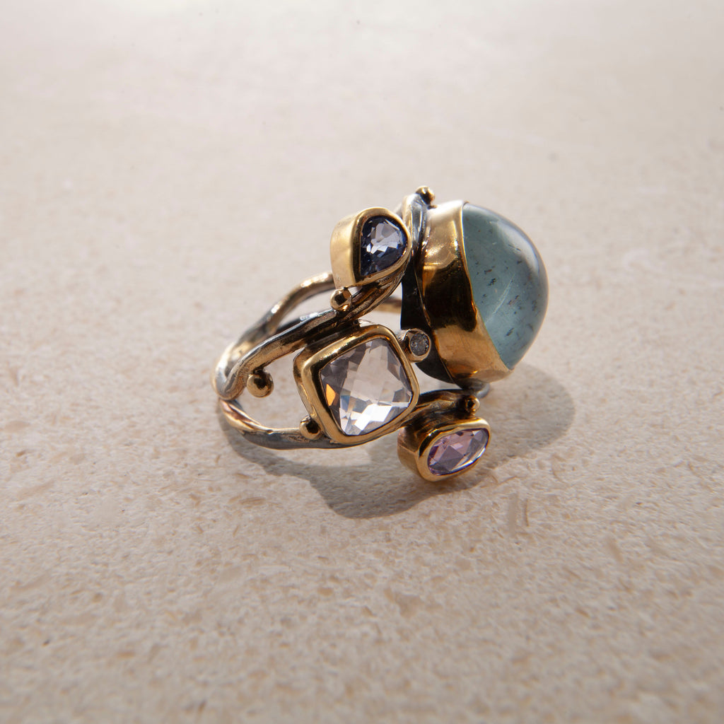 Double Seafire 18K, 22K & 24K Gold & Silver Ring w. Gemstones