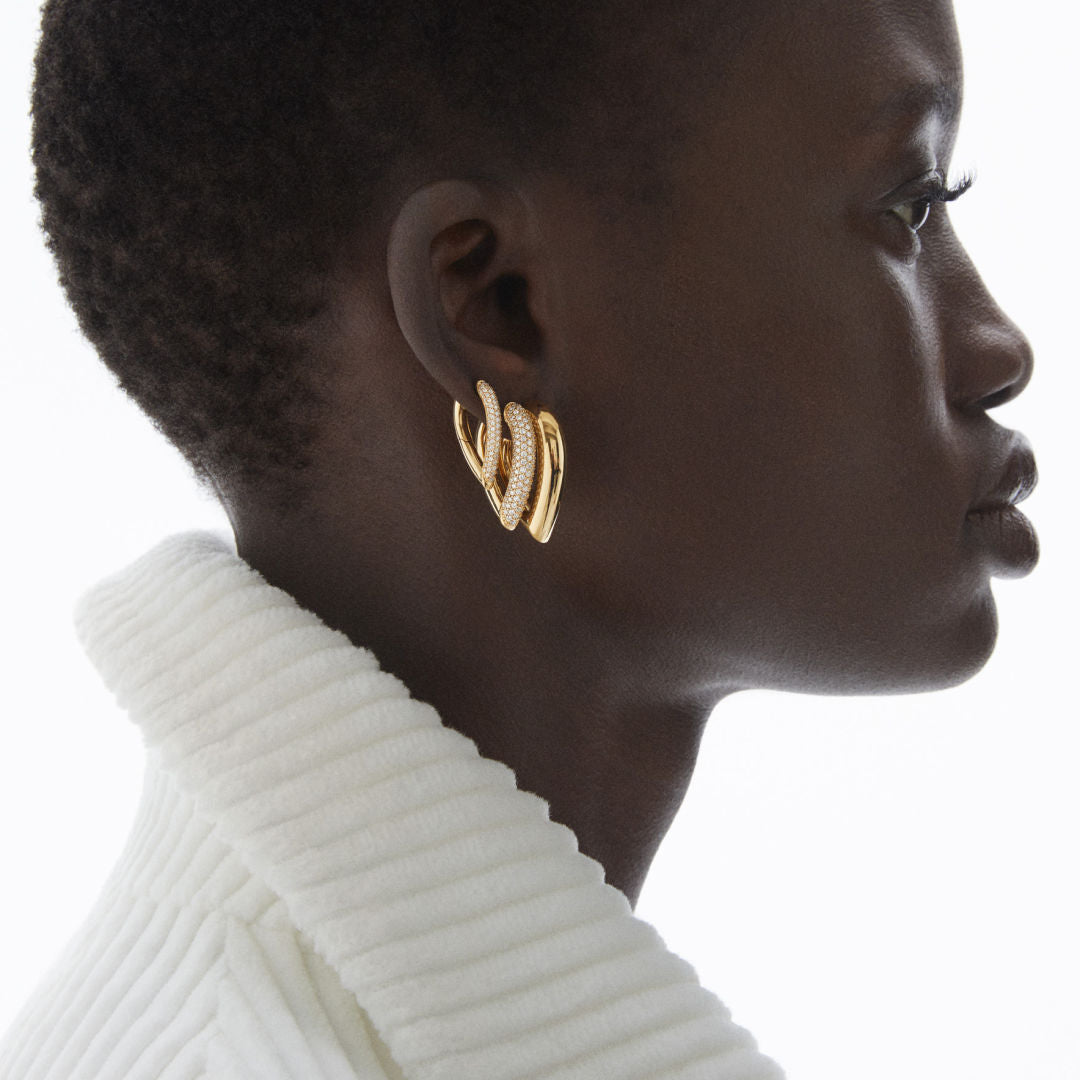 Drop Link Medium Pavé (25 mm) 18K Gold Hoops w. Diamonds