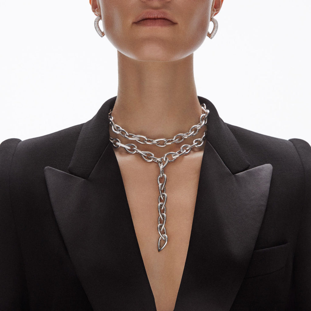 Drop Link Medium Pavé (25 mm) 18K Whitegold Hoops w. Diamonds