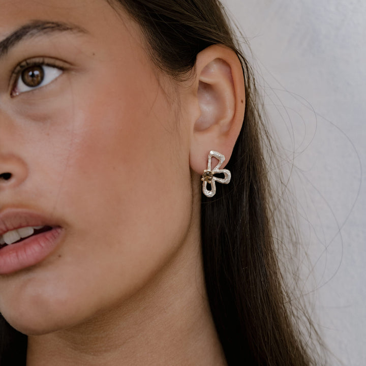 Swedish Summer 18K Gold & Silver Studs w. Smoky Quartz