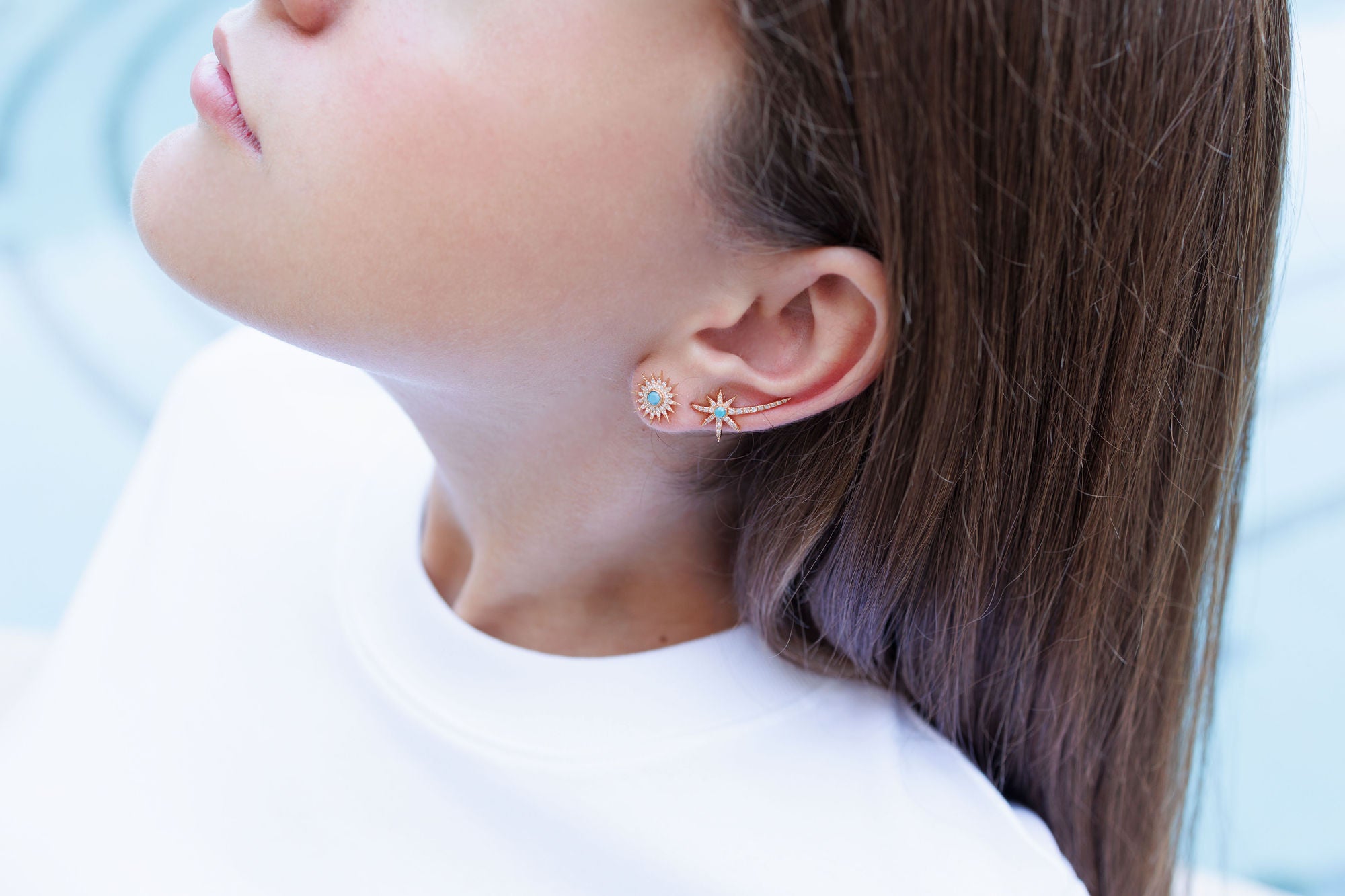 Flying Star 18K Gold, Whitegold or Rosegold Earring w. Diamonds & Turquoise