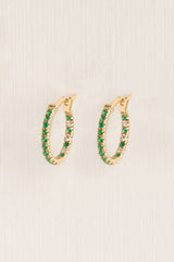 Small 18K Gold Hoops w. Emerald & Diamonds