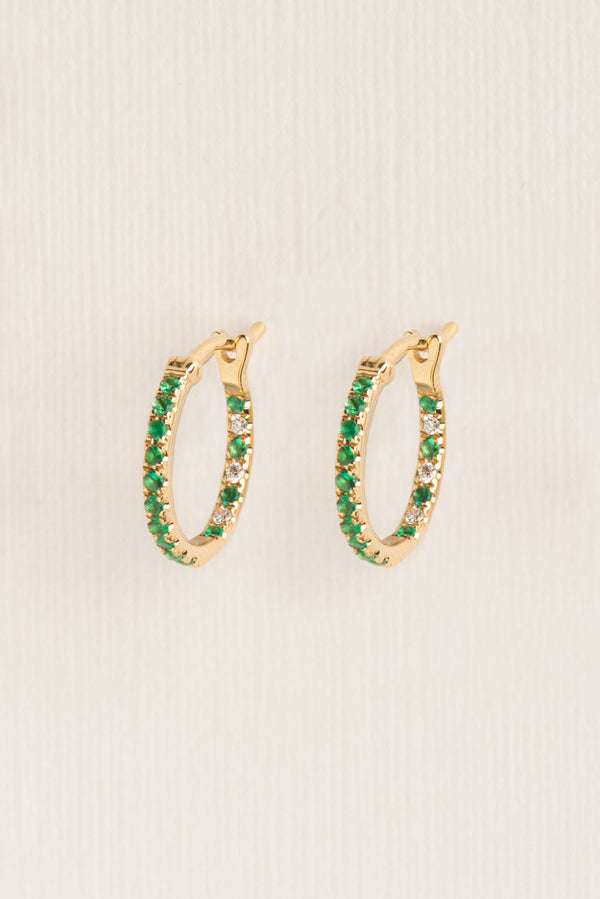 Small 18K Gold Hoops w. Emerald & Diamonds