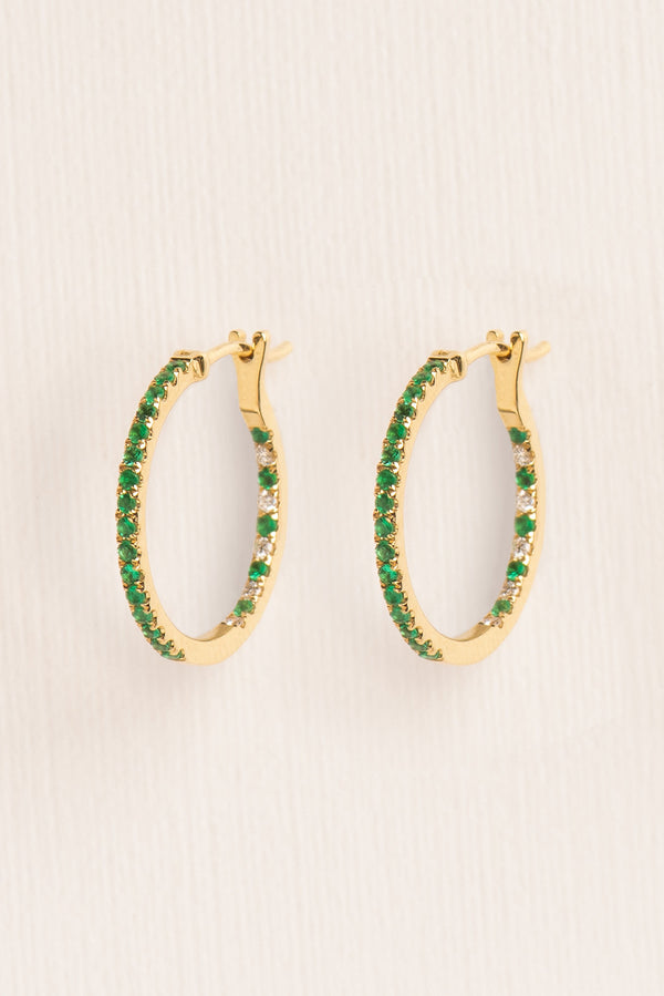 Large 18K Gold Hoops w. Emerald & Diamonds