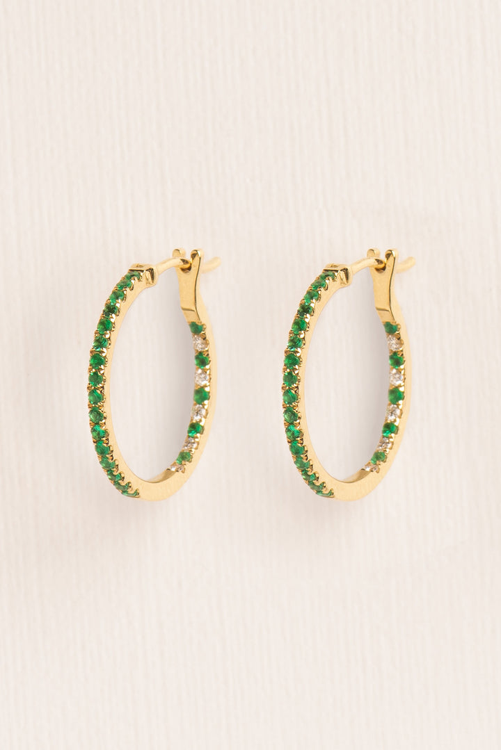 Large 18K Gold Hoops w. Emerald & Diamonds