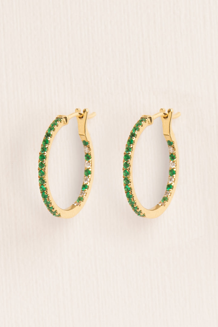 Large 18K Gold Hoops w. Emerald & Diamonds
