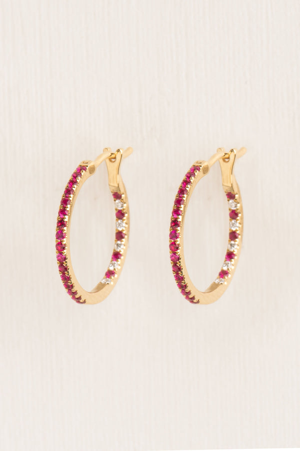 Large 18K Gold Hoops w. Ruby & Diamonds