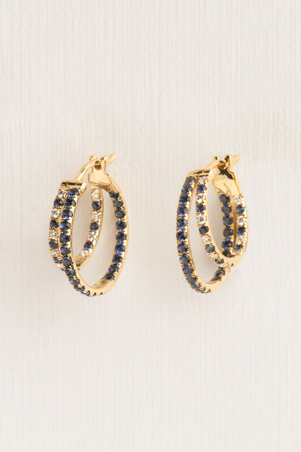 Trompe l'oeil 18K Gold Hoops w. Sapphire & Diamonds