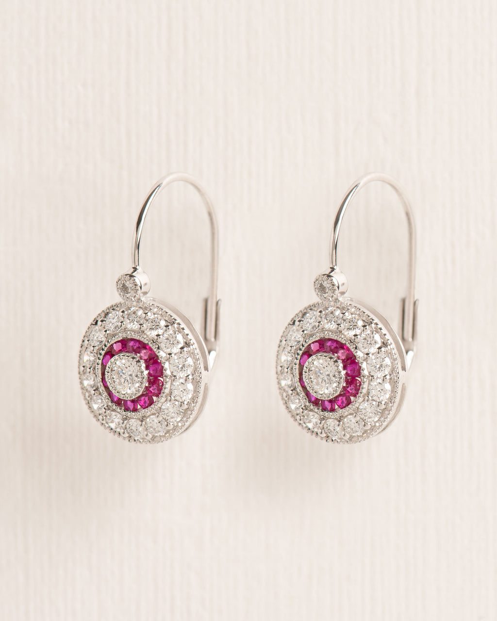 Leverback 18K Gold Earrings w. Diamonds & Rubies