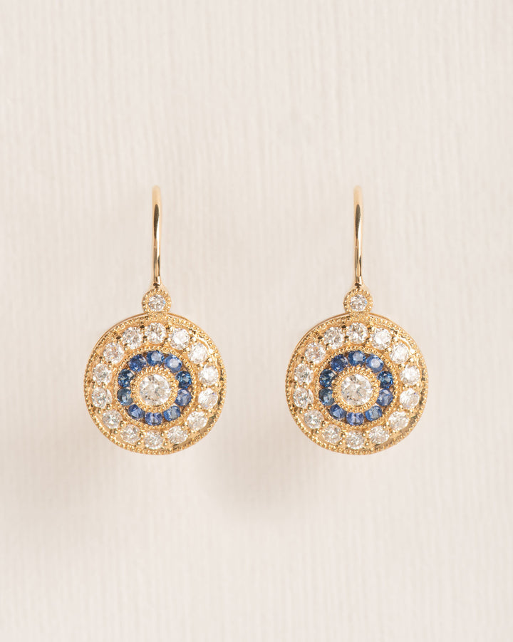 Leverback 18K Gold Earrings w. Diamonds & Sapphires