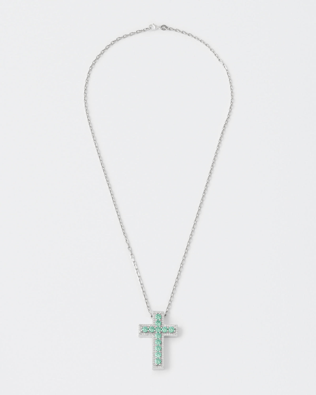 Aqua Green Cross Rhodium Plated Silver Pendant Necklace w. Moissanites
