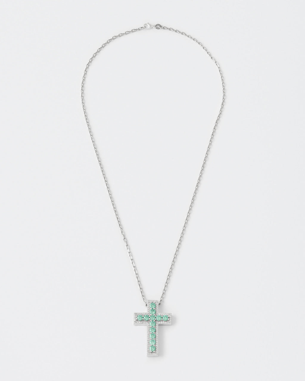 Aqua Green Cross Rhodium Plated Silver Pendant Necklace w. Moissanites