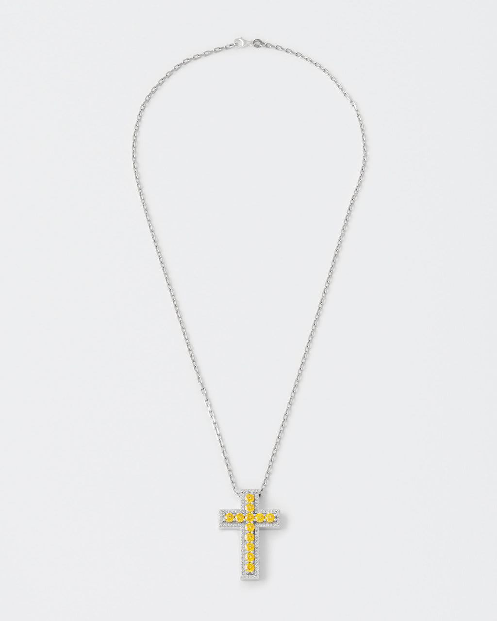 Yellow Cross Rhodium Plated Silver Pendant Necklace w. Moissanites