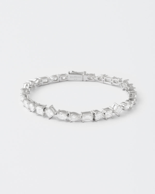 Mixed Shape Rhodium Plated Silver Tennis Bracelet w. Moissanites