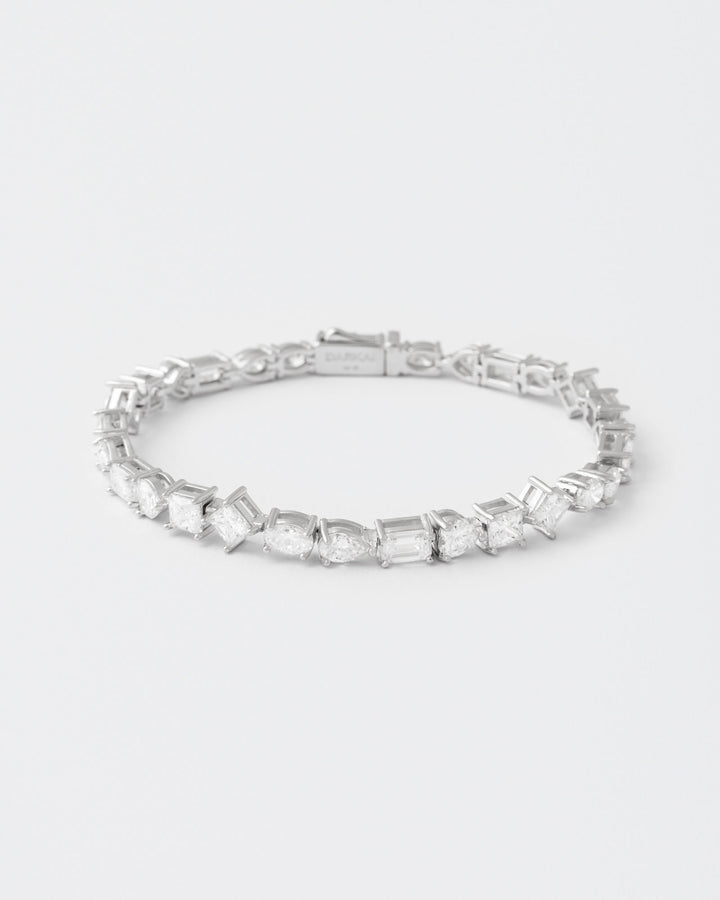 Mixed Shape Rhodium Plated Silver Tennis Bracelet w. Moissanites