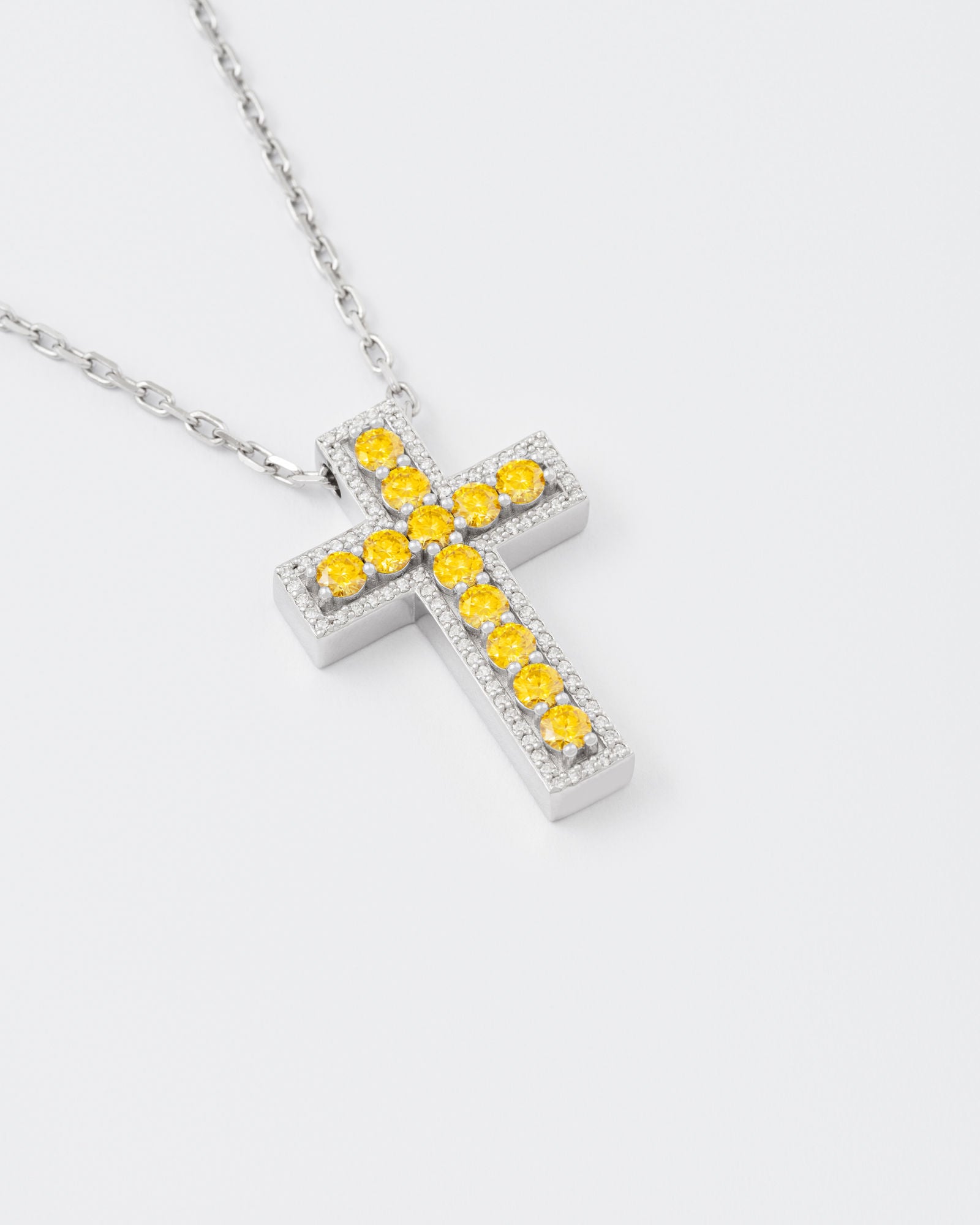 Yellow Cross Rhodium Plated Silver Pendant Necklace w. Moissanites