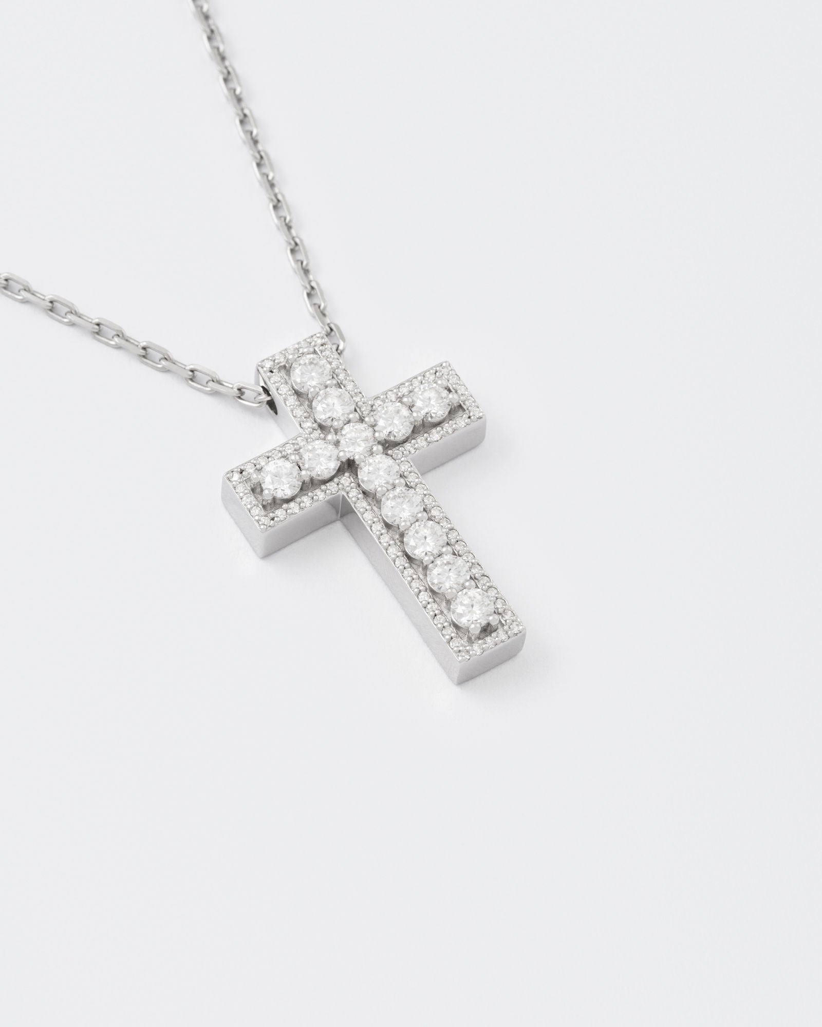 White Cross Rhodium Plated Silver Pendant Necklace w. Moissanites