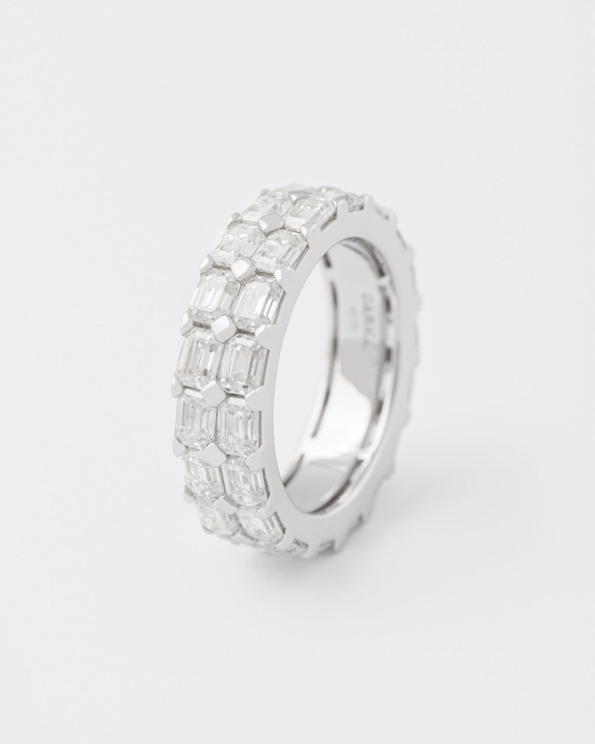 Emerald Rhodium Plated Silver Tennis Ring w. Moissanites