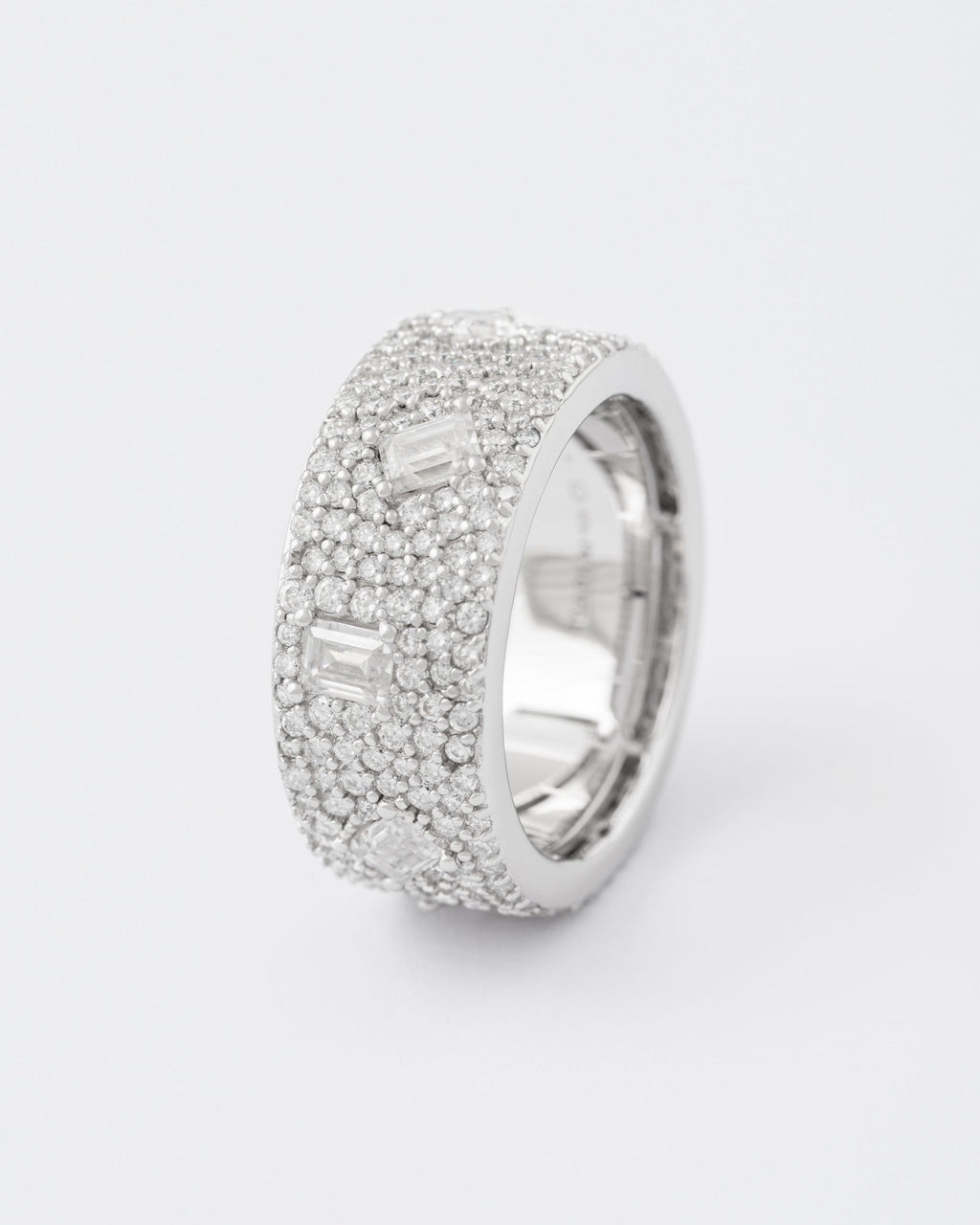 Band Rhodium Plated Silver Ring w. Moissanites