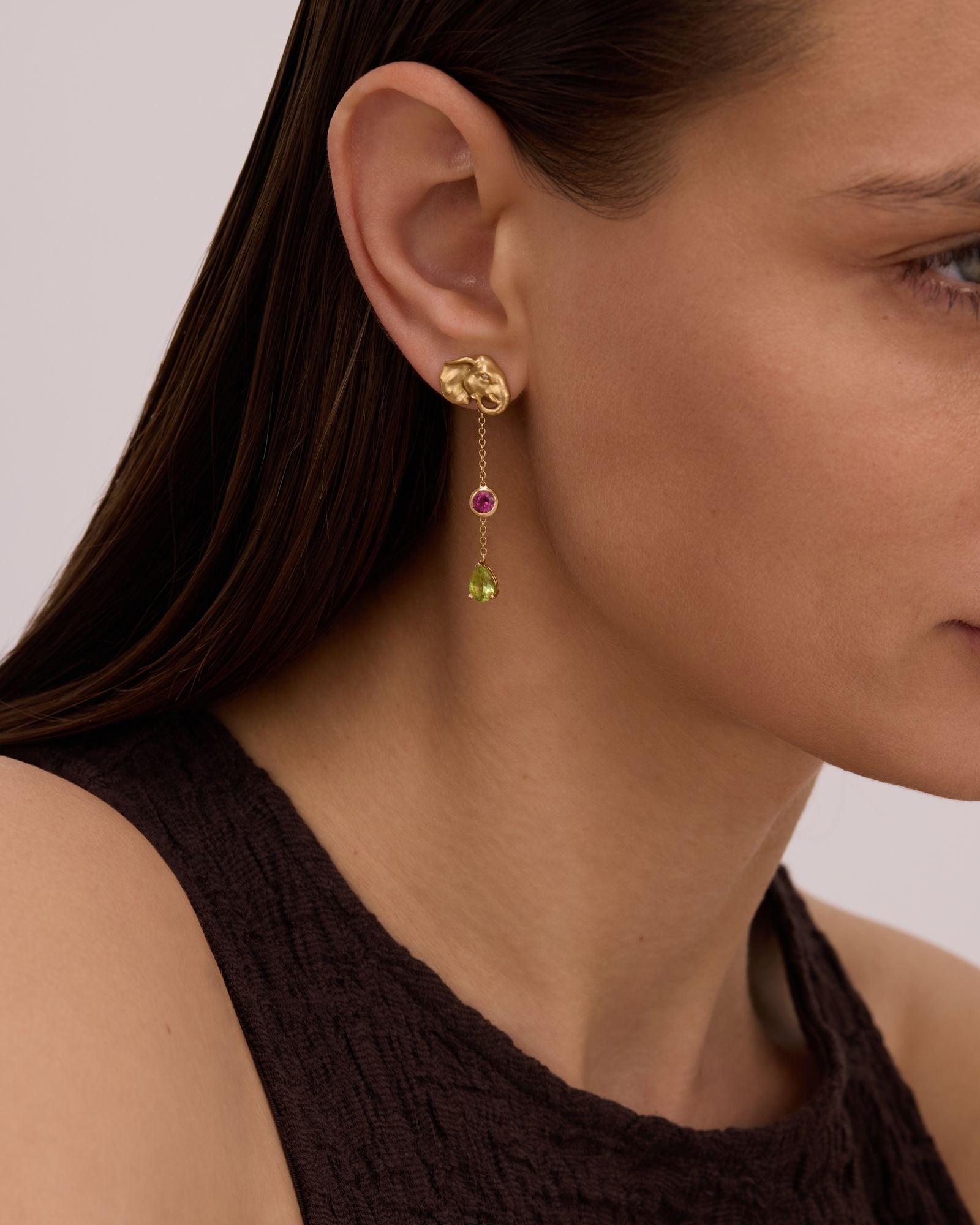 Elephant Fancy 18K Gold Earrings w. Peridot, Aquamarine & Tourmaline