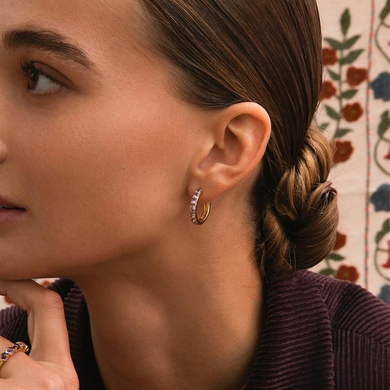 Olalla 18K Gold Plated Hoops w. Faceted Amethyst