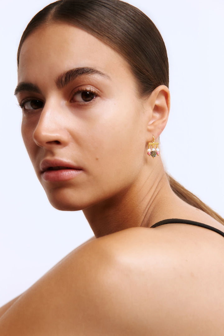 Mirage 18K Gold Plated Earrings w. Hanging Mixed Stones