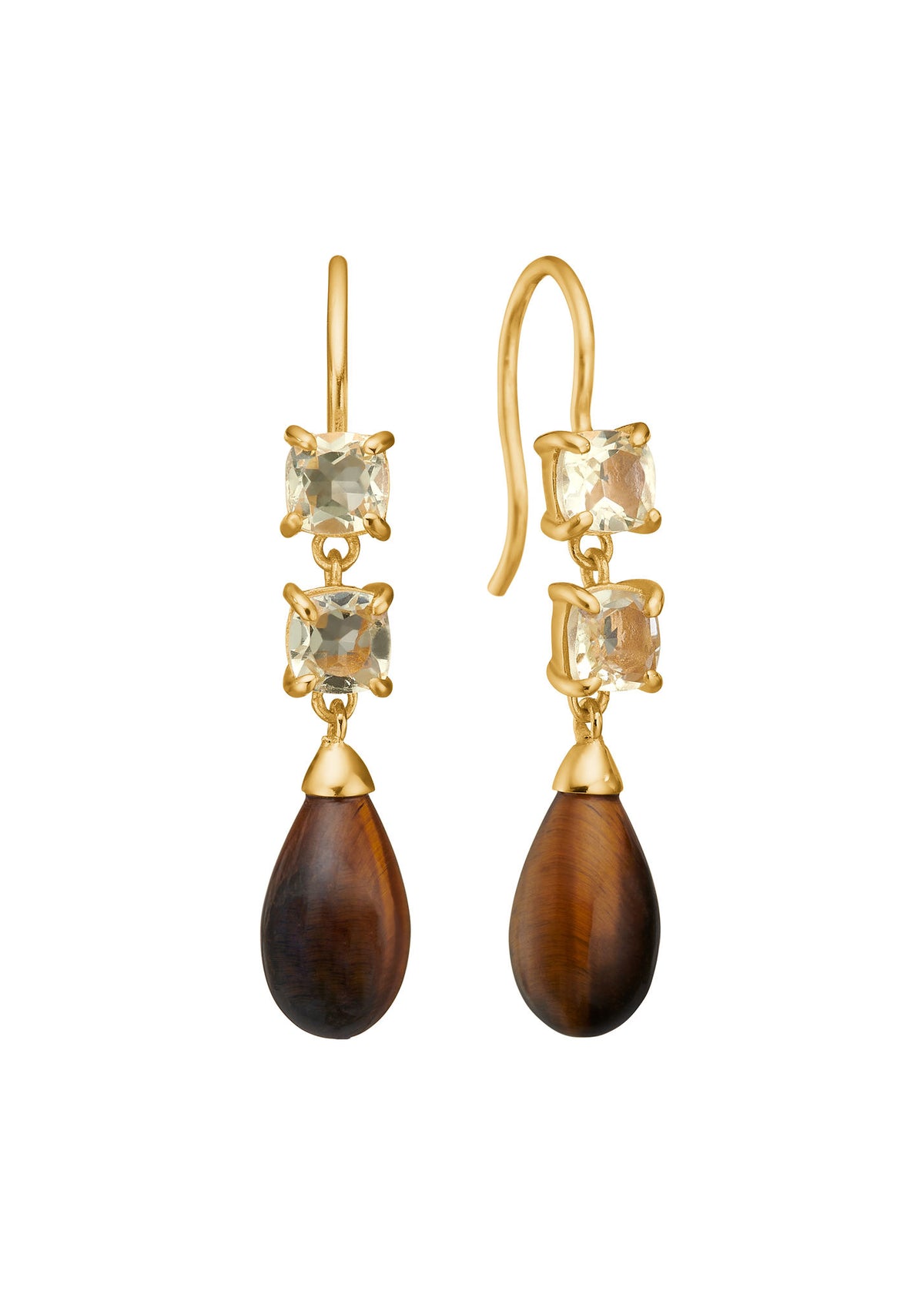 Panthea Gold Plated Earrings w. Lemon Quartz & Tiger's Eye