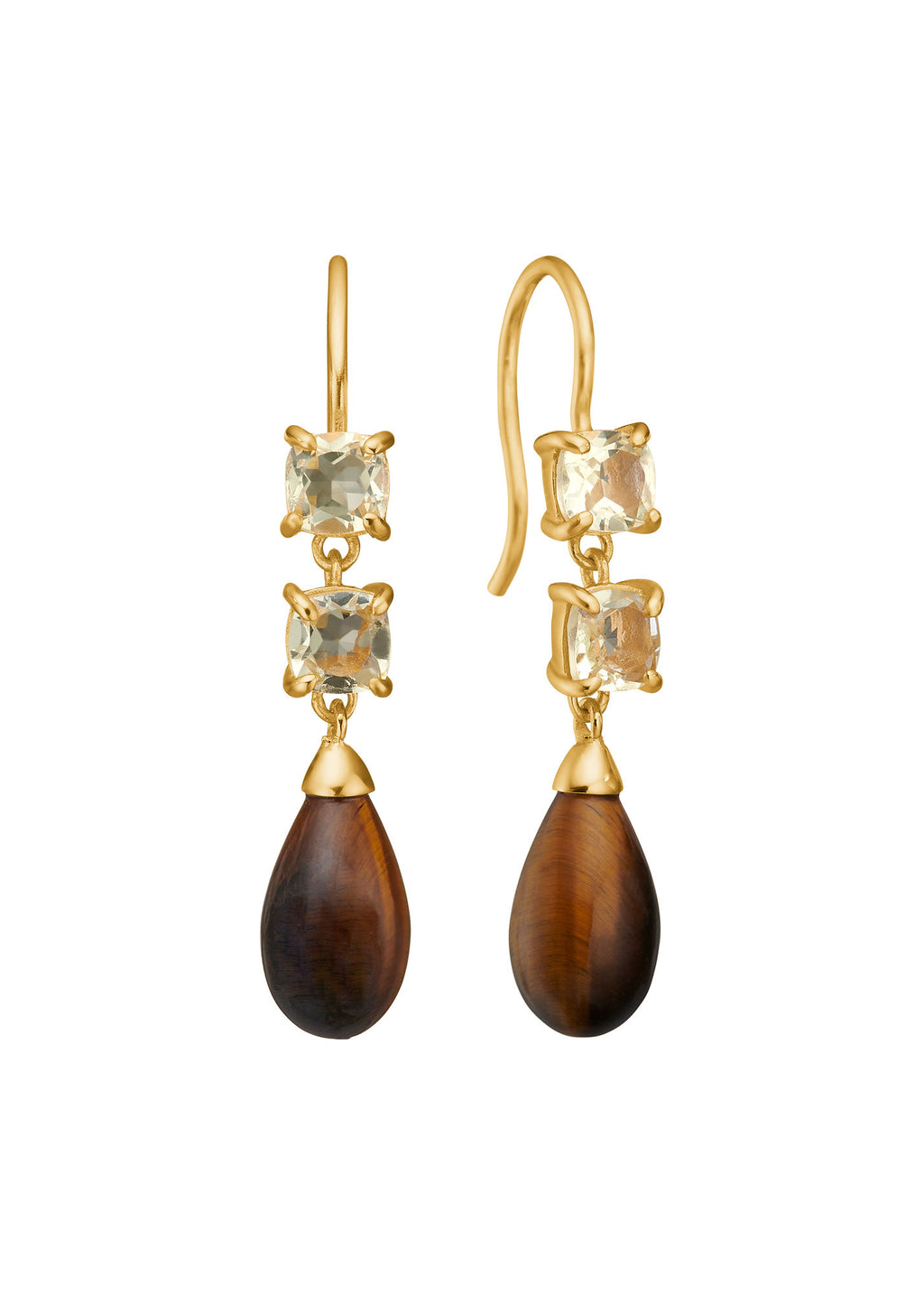 Panthea Gold Plated Earrings w. Lemon Quartz & Tiger's Eye