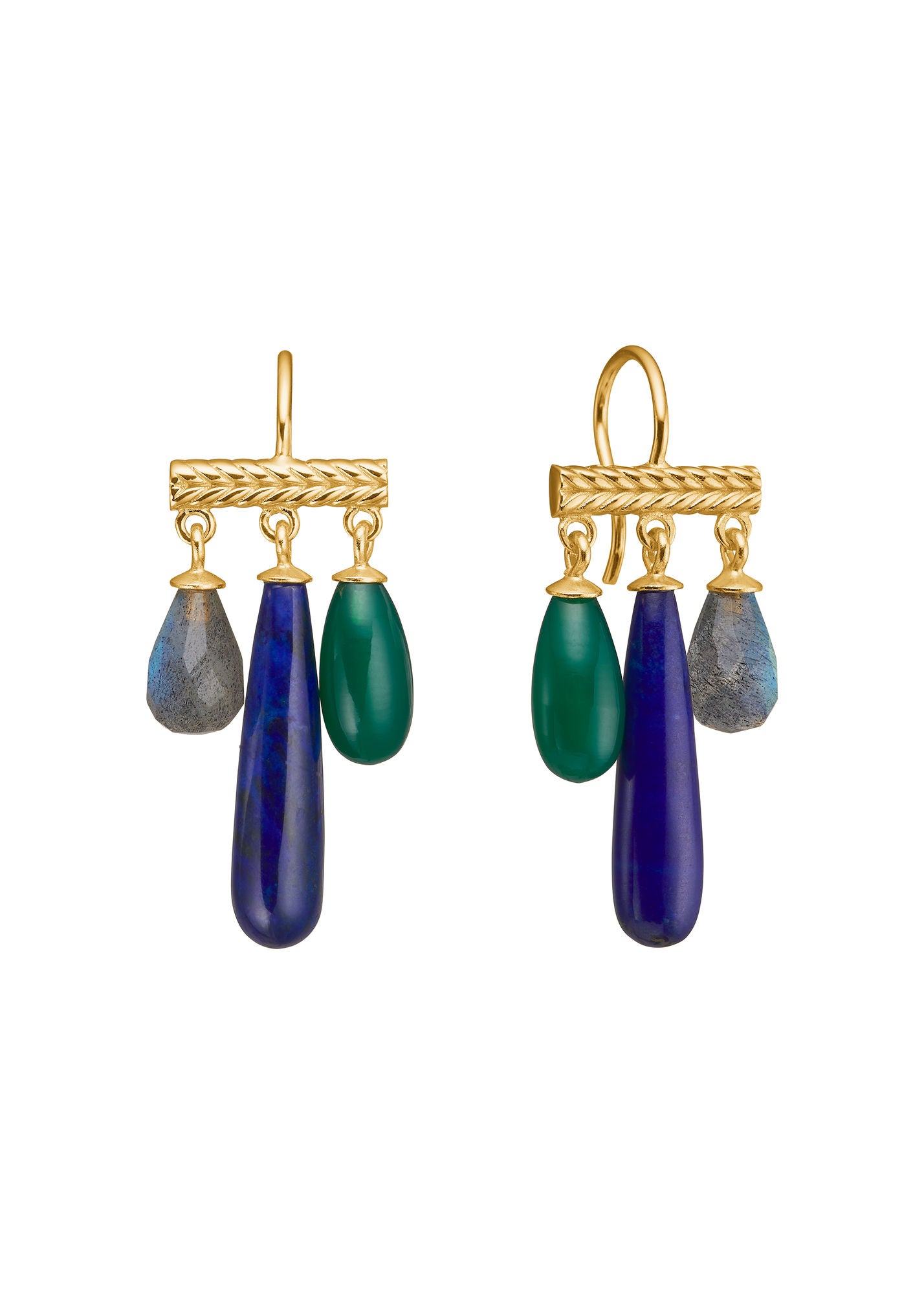 Mirage Gold Plated Earrings w. Labradorite & Lapis Lazuli & Green Agate
