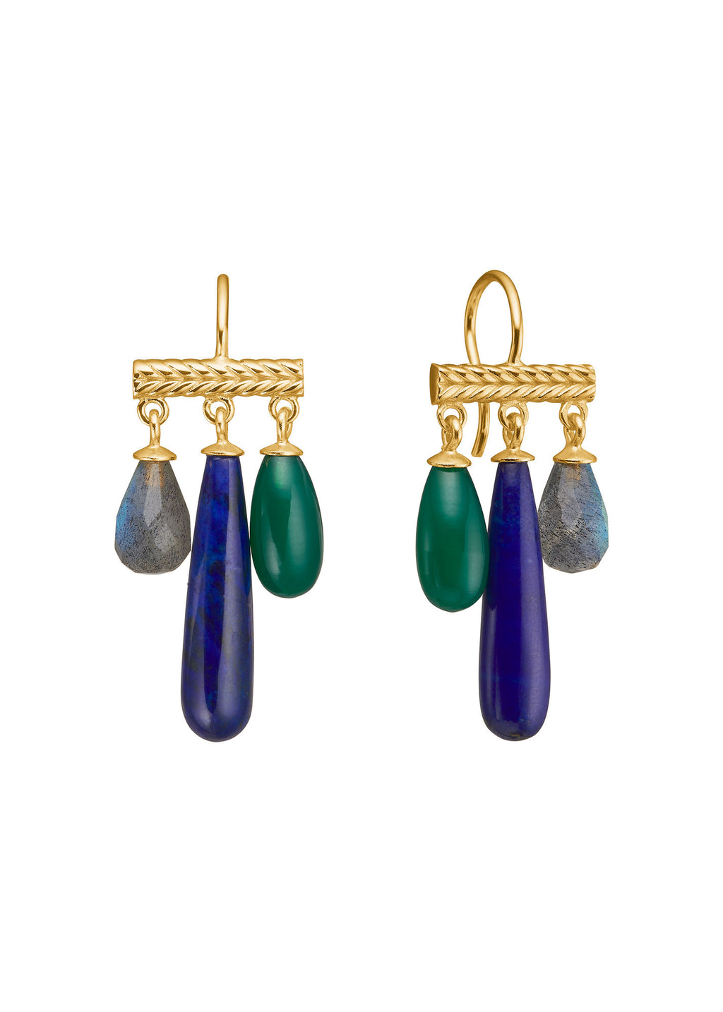 Mirage Gold Plated Earrings w. Labradorite & Lapis Lazuli & Green Agate