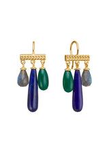 Mirage Gold Plated Earrings w. Labradorite & Lapis Lazuli & Green Agate