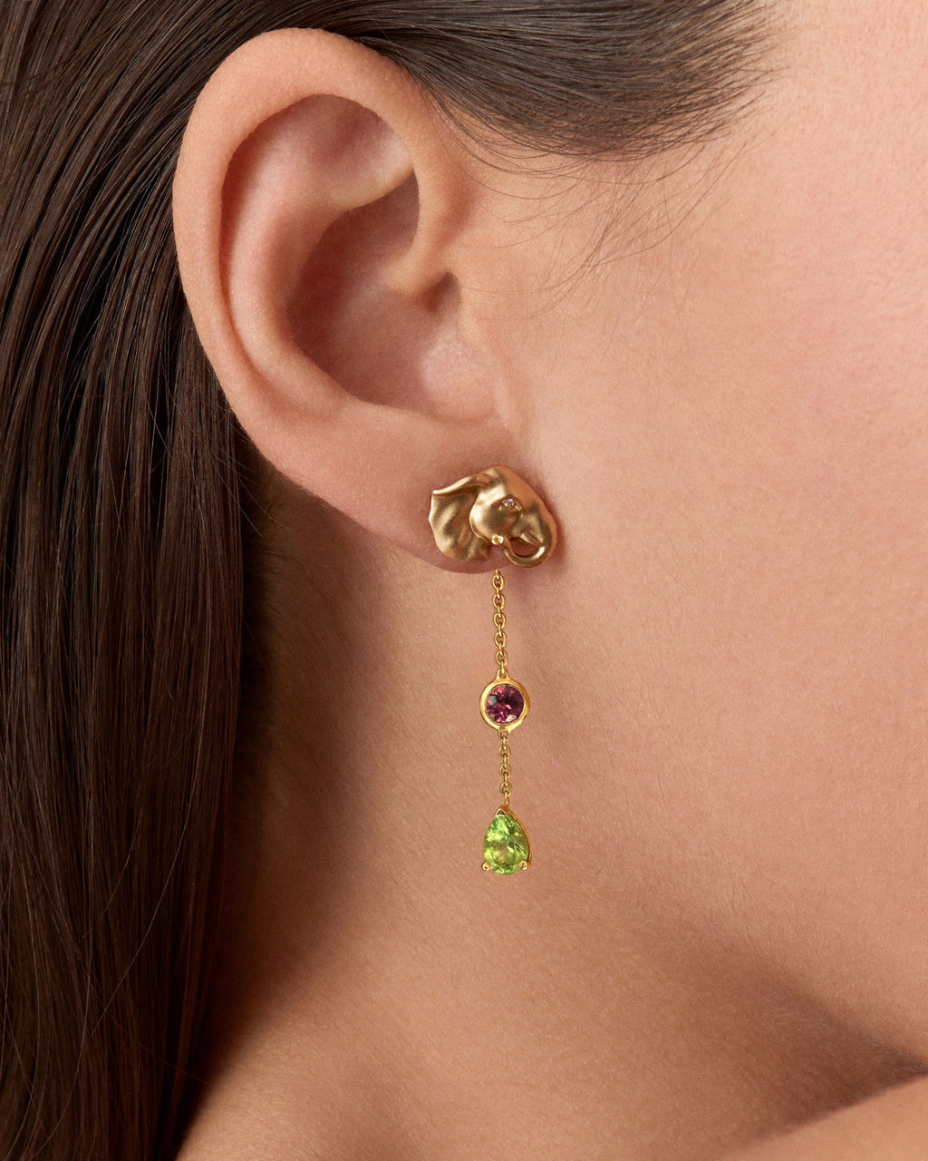 Elephant Fancy 18K Gold Earrings w. Peridot, Aquamarine & Tourmaline