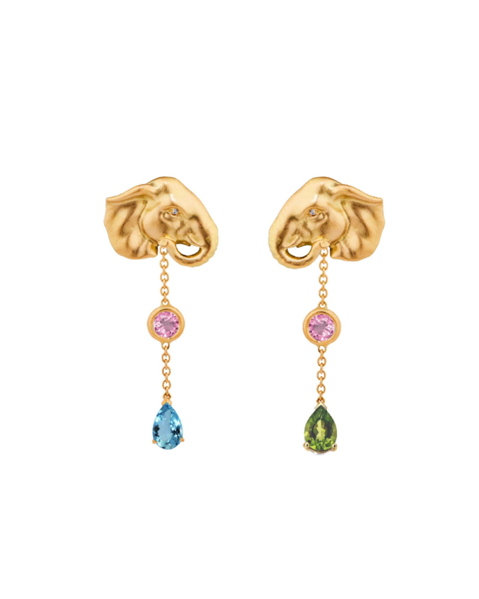 Elephant Fancy 18K Gold Earrings w. Peridot, Aquamarine & Tourmaline