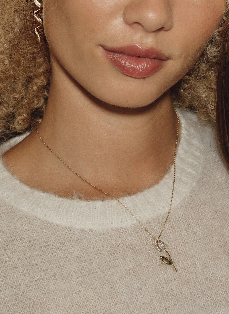 Tulip Flower 18K Gold Necklace w. Tourmaline & Diamonds