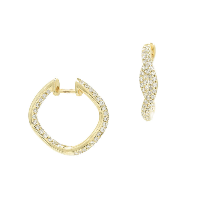 Full Pave Large Hinged Wave 14K Gold Hoops w. Diamond