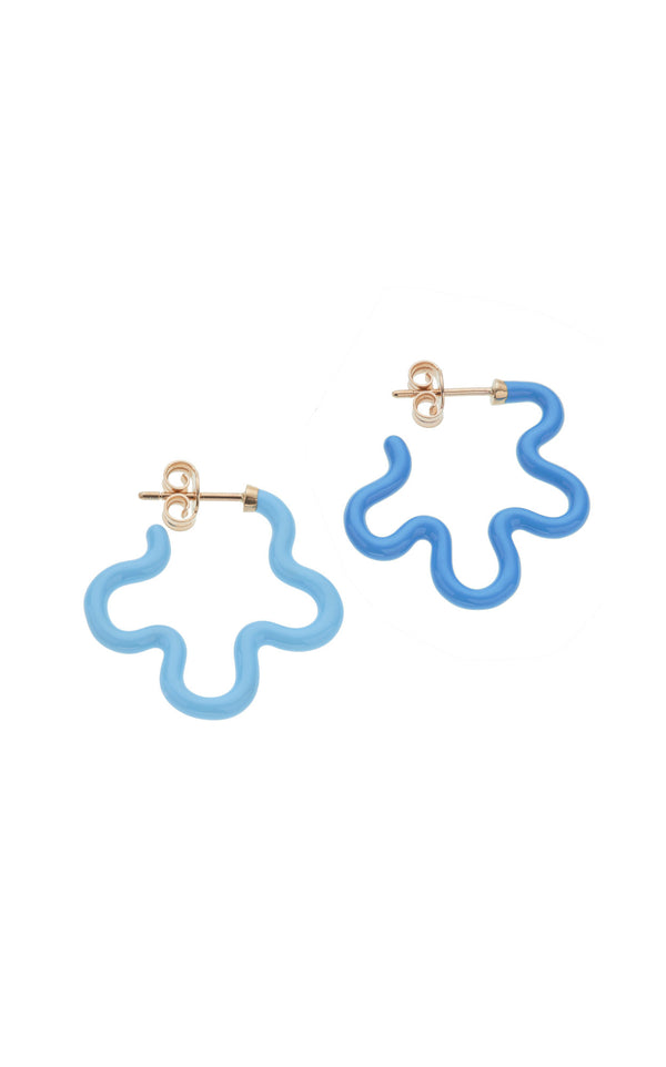 Two Tone Asymmetrical Flower 9K Gold Earrings w. Blue Enamel