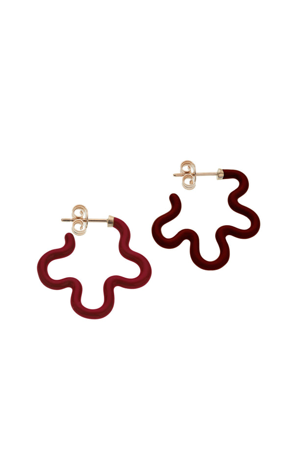 Two Tone Asymmetrical Flower 9K Gold Earrings w. Red Enamel