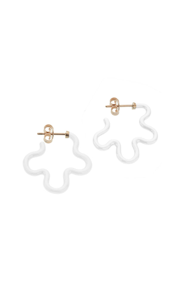 Two Tone Asymmetrical Flower 9K Gold Earrings w. White Enamel