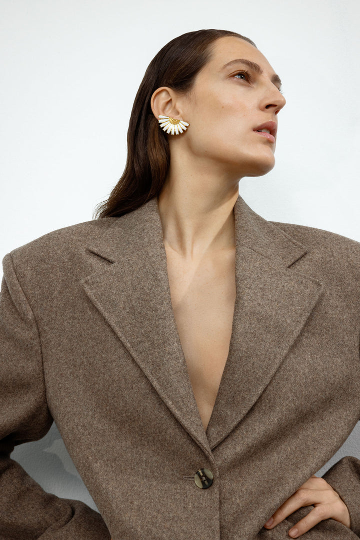 Daisy Half Flower Gold Plated Earrings w. White Enamel