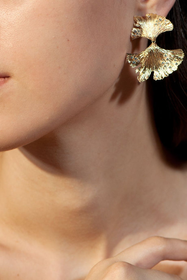 Golden Hues Ginkgo Gold Plated Earrings w. Zirconia