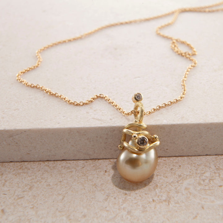 Gone Fishing 18K & 22K Gold Necklace w. Keshi Pearl & Diamond