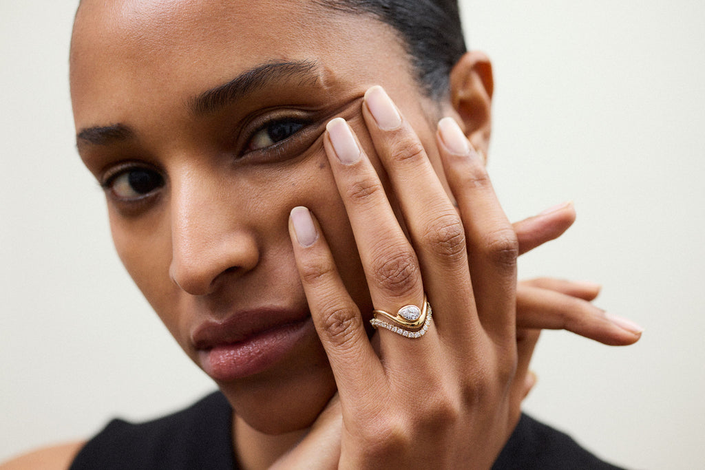 Wavy Pear Bezel 14k or 18k Gold Ring w. Lab-Grown Diamond