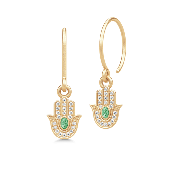 Hamsa Protection Gold Plated Earrings w. Green Tourmaline