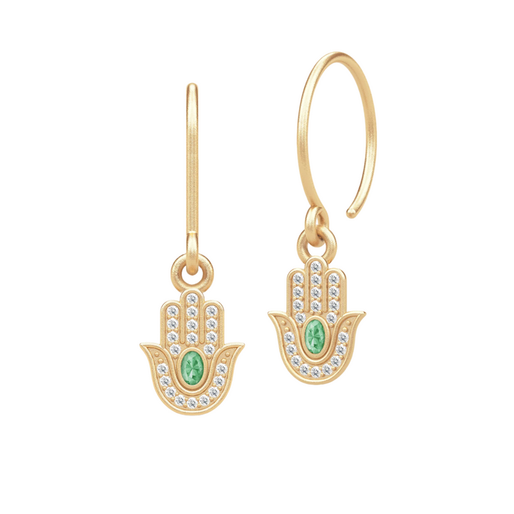 Hamsa Protection Gold Plated Earrings w. Green Tourmaline