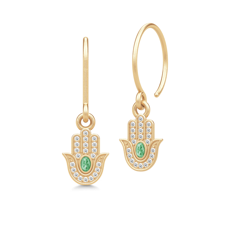 Hamsa Protection Gold Plated Earrings w. Green Tourmaline