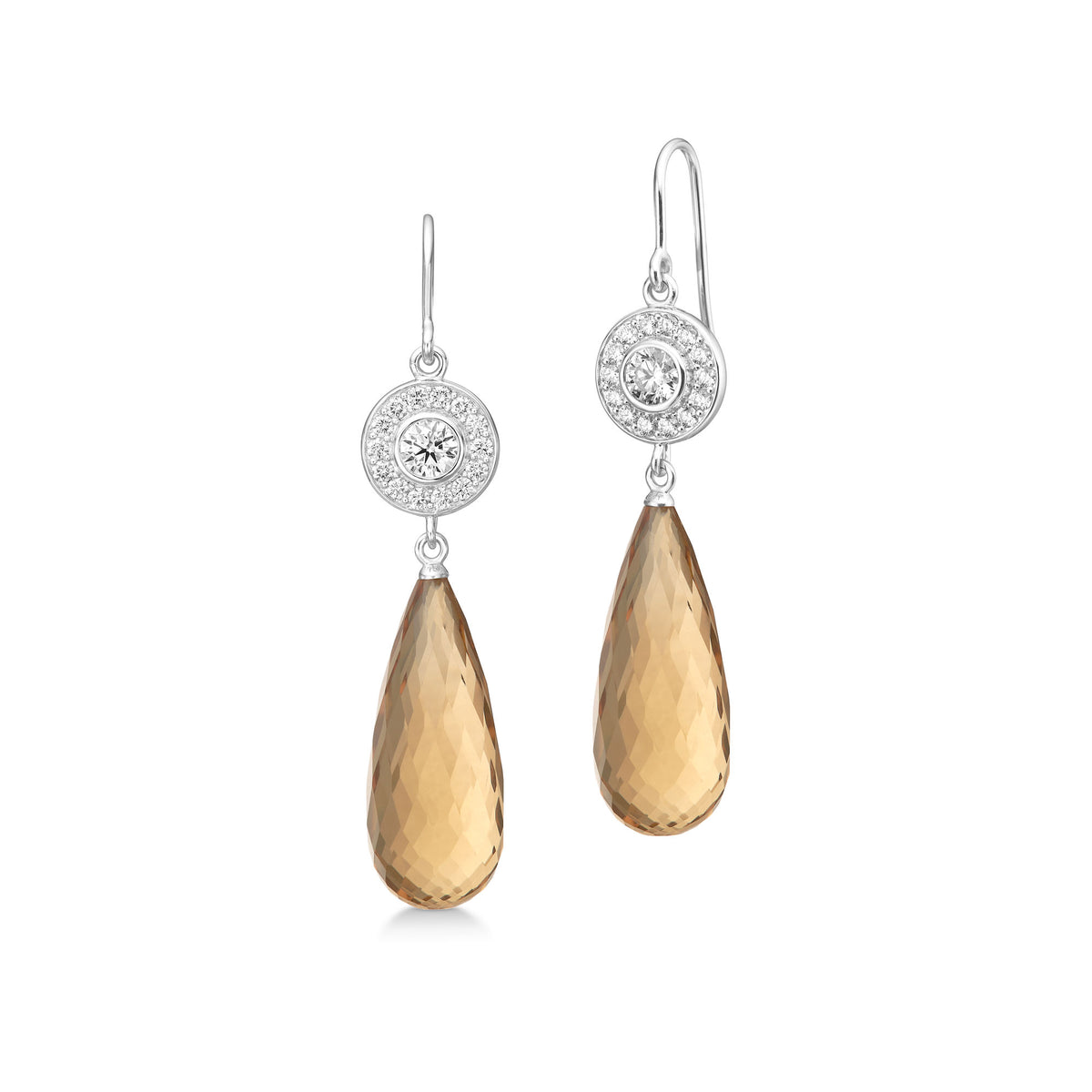 Heritage 18K Whitegold Earrings w. Diamond & Briolette Champagne Quartz