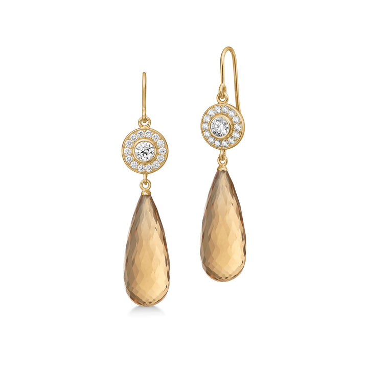 Heritage 18K Gold Earrings w. Diamond & Briolette Champagne Quartz