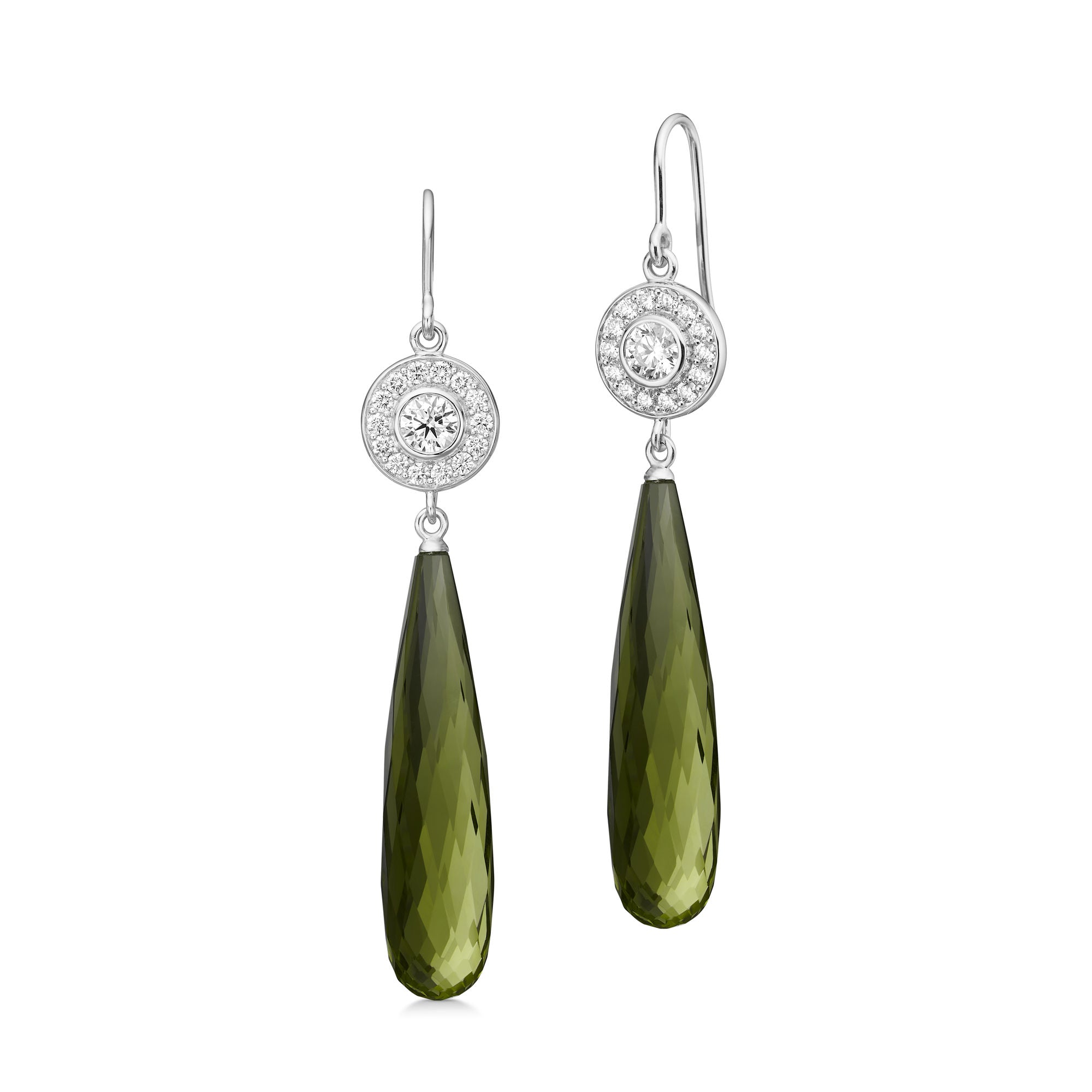 Heritage 18K Whitegold Earrings w. Diamond & Briolette Olive Quartz
