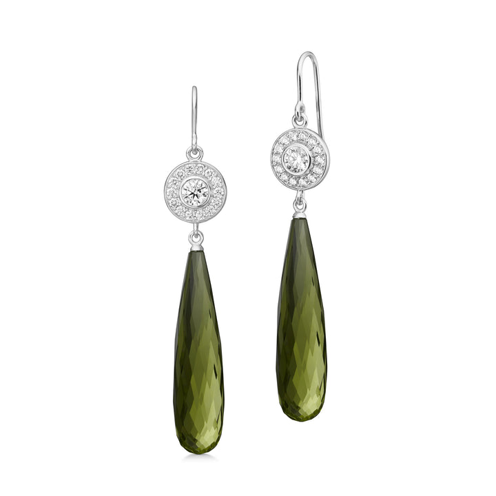 Heritage 18K Whitegold Earrings w. Diamond & Briolette Olive Quartz