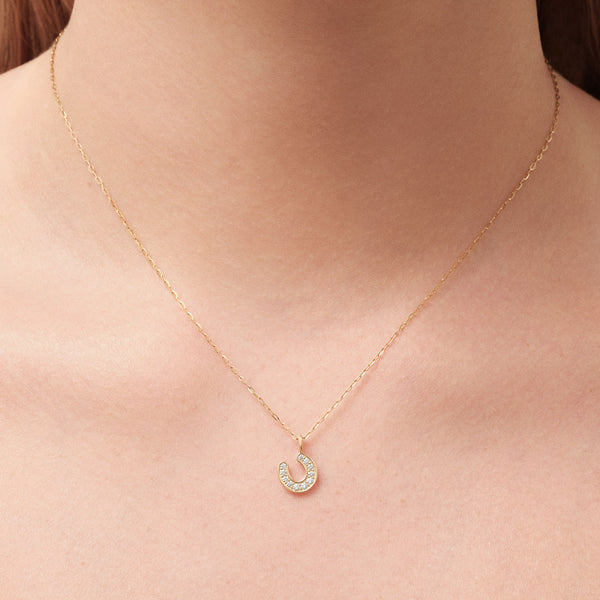 Horseshoe 14K Gold Pendant w. Diamonds